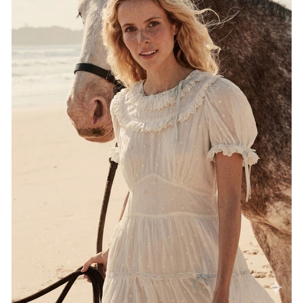 Dôen Doen Fiore Dress Womens L White Cotton Short Sleeve Romantic Ruffle Midi